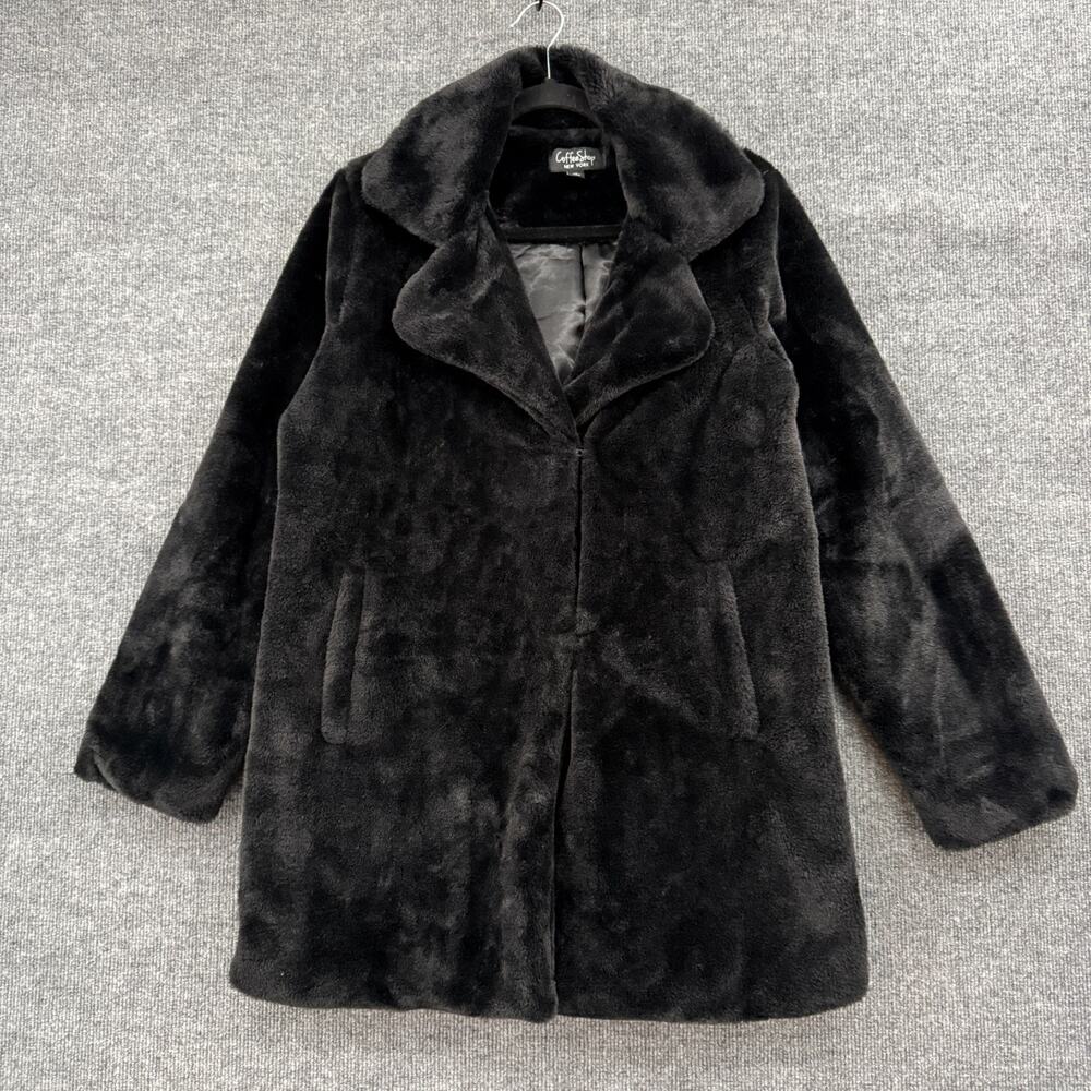 Coffee Shop New York Womens Plush Faux Fur Coat Size M Black Whimsigoth Glam